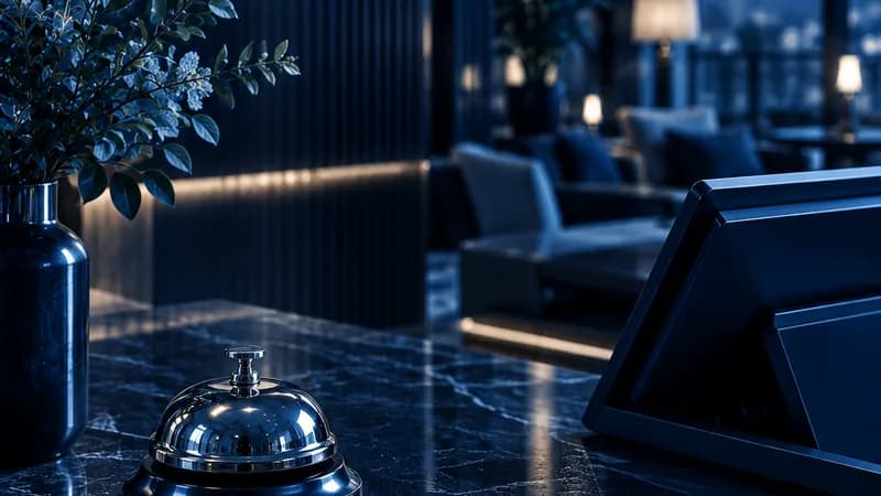 Symbolbild, KI-generiert: Empfangstheke mit Rezeptionsklingel und Terminal in einem Hotel